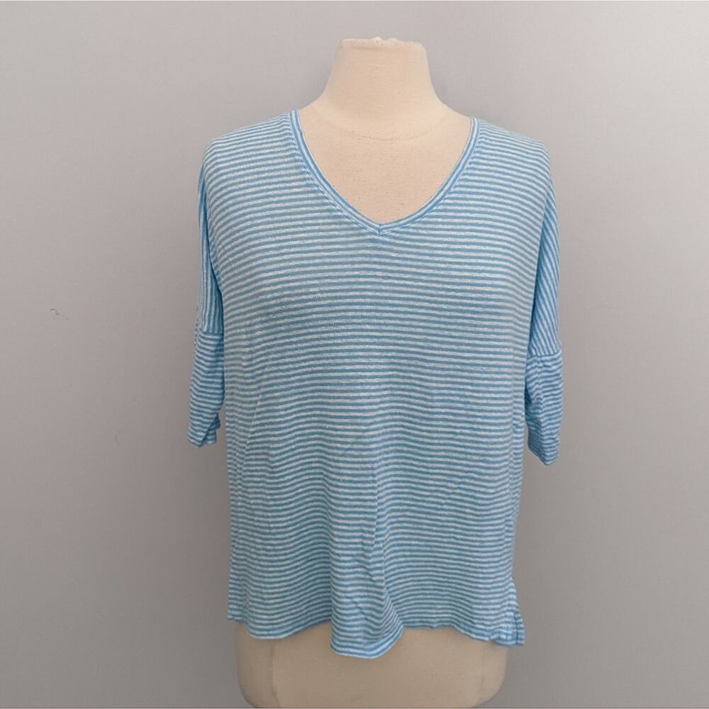 Chico's Linen Blue White Stripe Blouse Size 1 = 8 medium